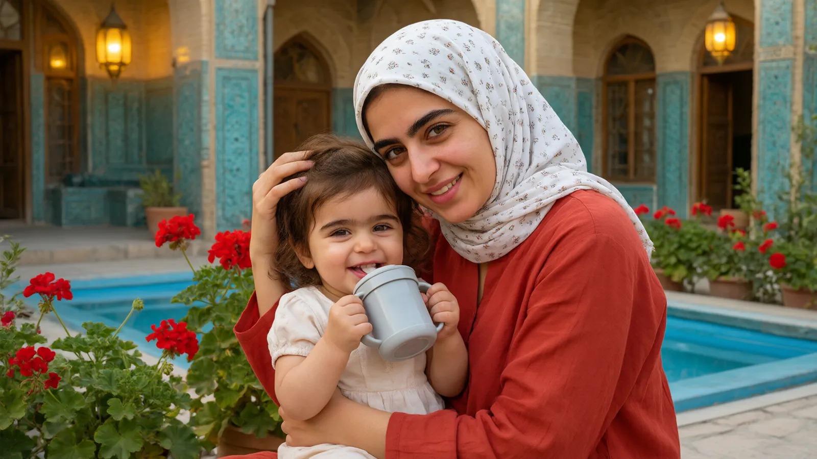 مادر با روسری گلدار در حیاط کاشی فیروزهای دختر نوپایش را که با لیوان دستهدار شیر مینوشد در آغوش دارد